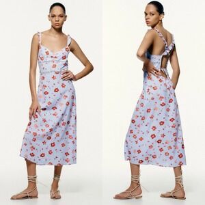 Zara Womens Floral Linen Midi Dress S Blue Ruffle Open Back European Cottagecore